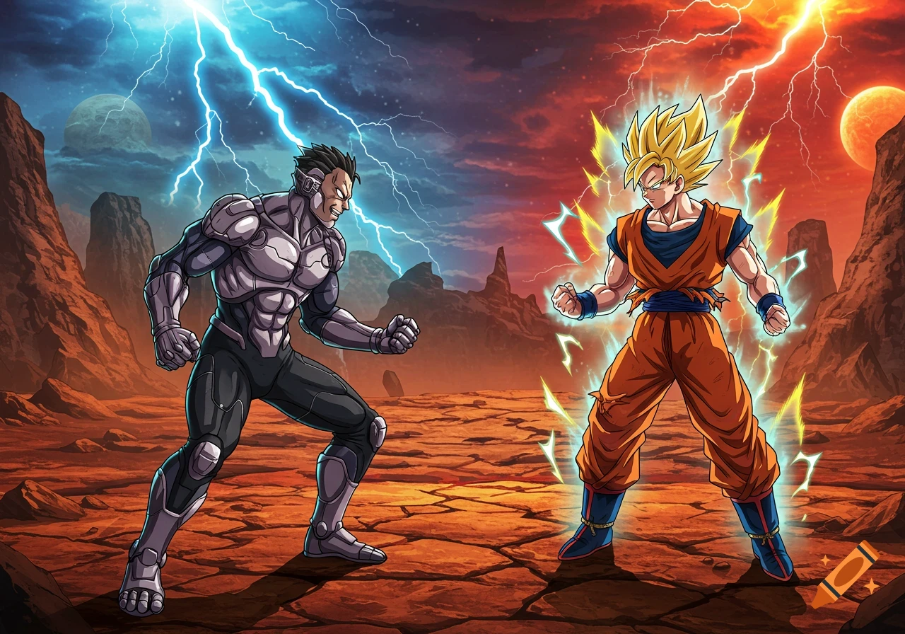 Goku from Dragon Ball Z battles an armored character in a desert landscape under a storm sky, depicted in anime style.