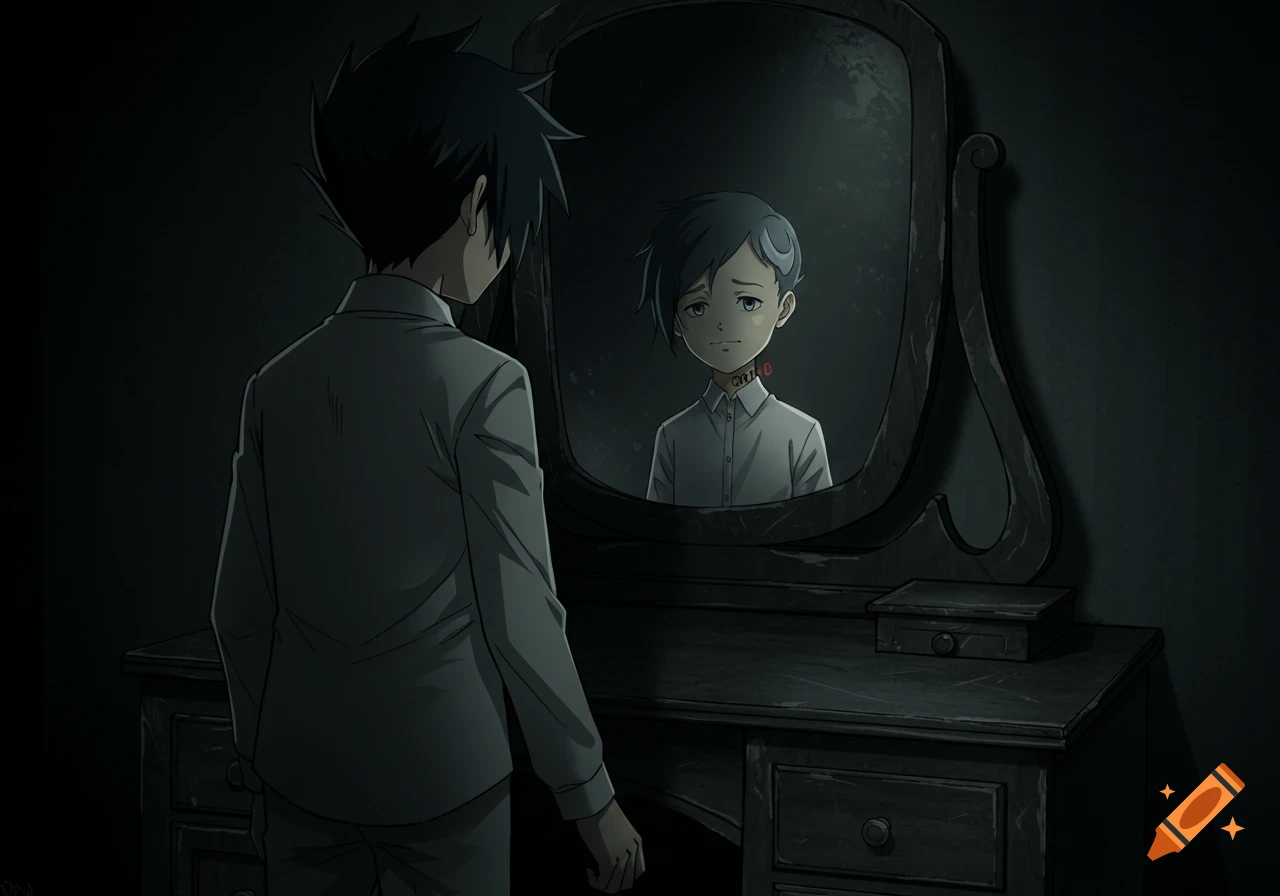An anime boy with dark hair, Ray, stands with his back to the viewer, looking into a mirror. The mirror reflects another anime boy, Norman, with a melancholic expression and an ID number on his neck, in a dark, empty room with an old vanity.