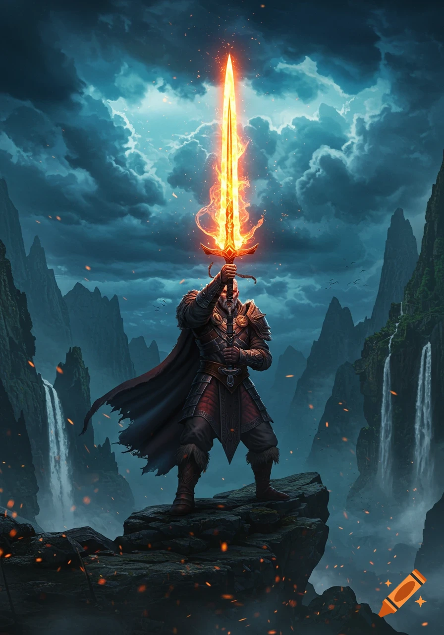 A warrior in armor stands on a mountain peak, holding a glowing, flaming sword aloft against a backdrop of stormy skies and waterfalls.