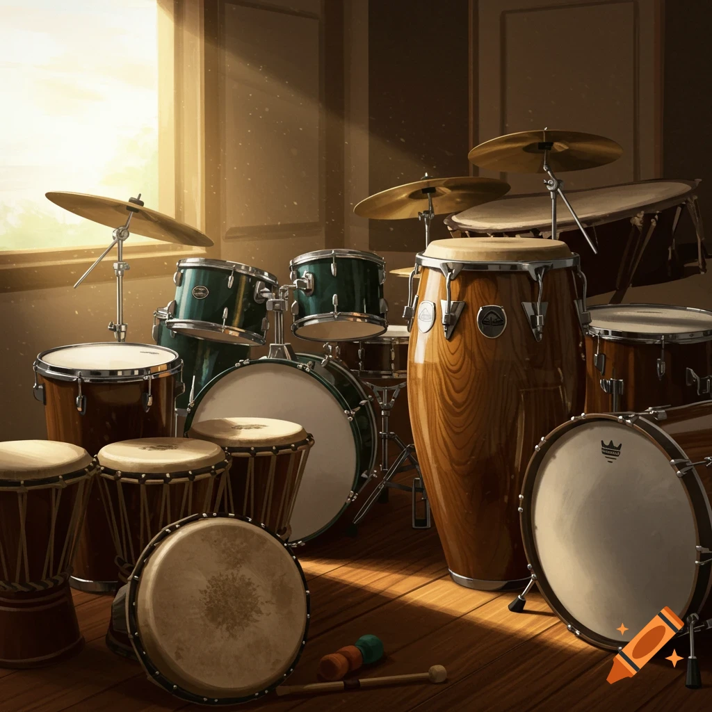 A variety of percussion instruments including drum kits, congas, bongos, and timpani in a sunlit room.