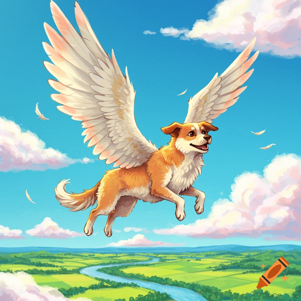 A happy winged dog flies high above a green, river-laced landscape in a vibrant illustration.
