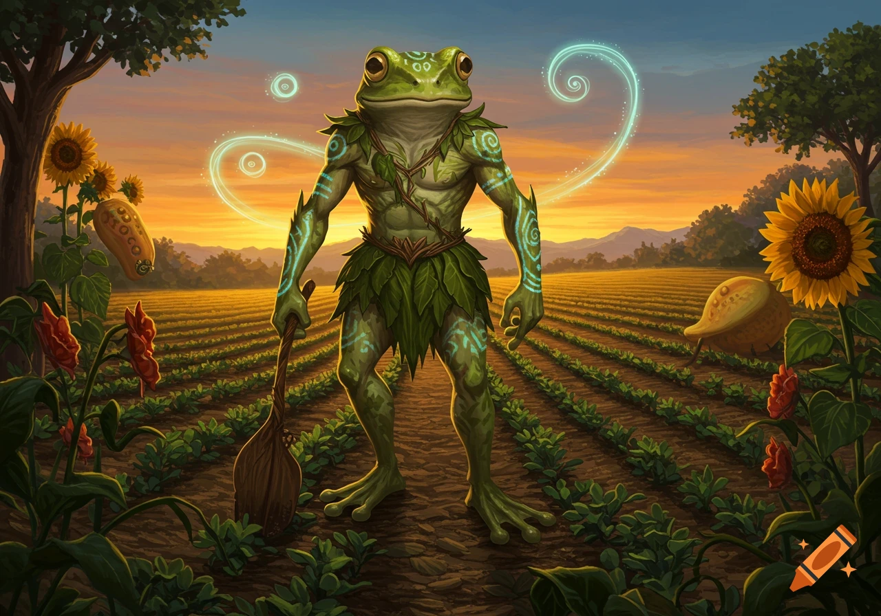 A frog-like creature with tribal markings and a leaf skirt stands in a crop field at sunset, holding a staff, with magical swirls.