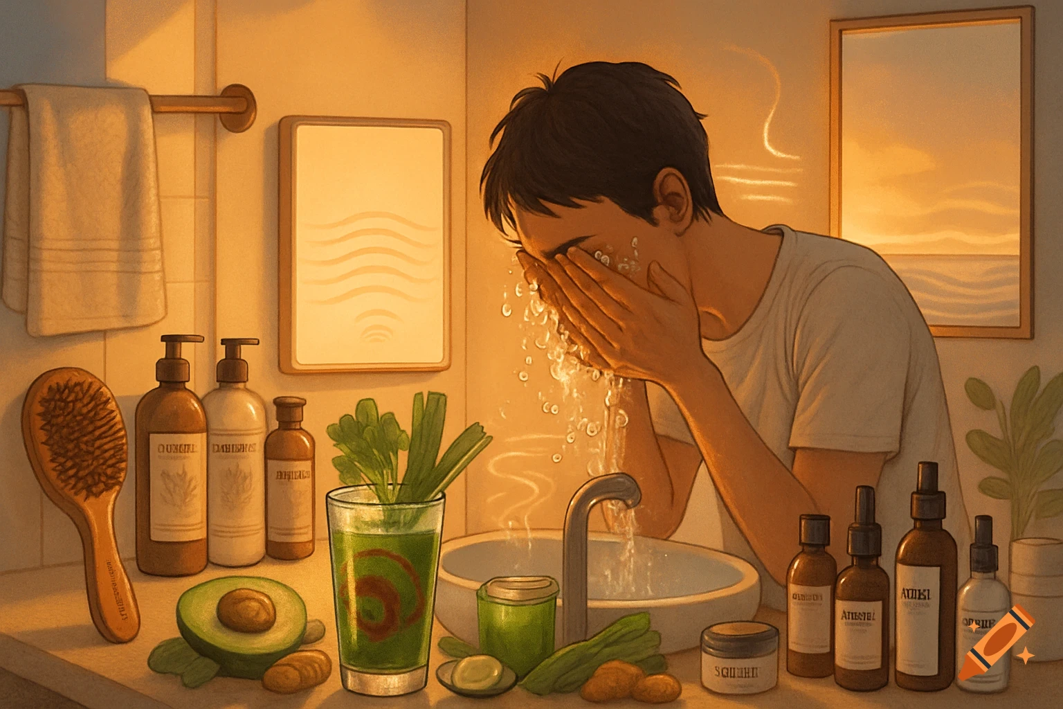 An illustration of a person washing their face at a bathroom sink, surrounded by bottles, avocado, and a green drink. Golden hour lighting.