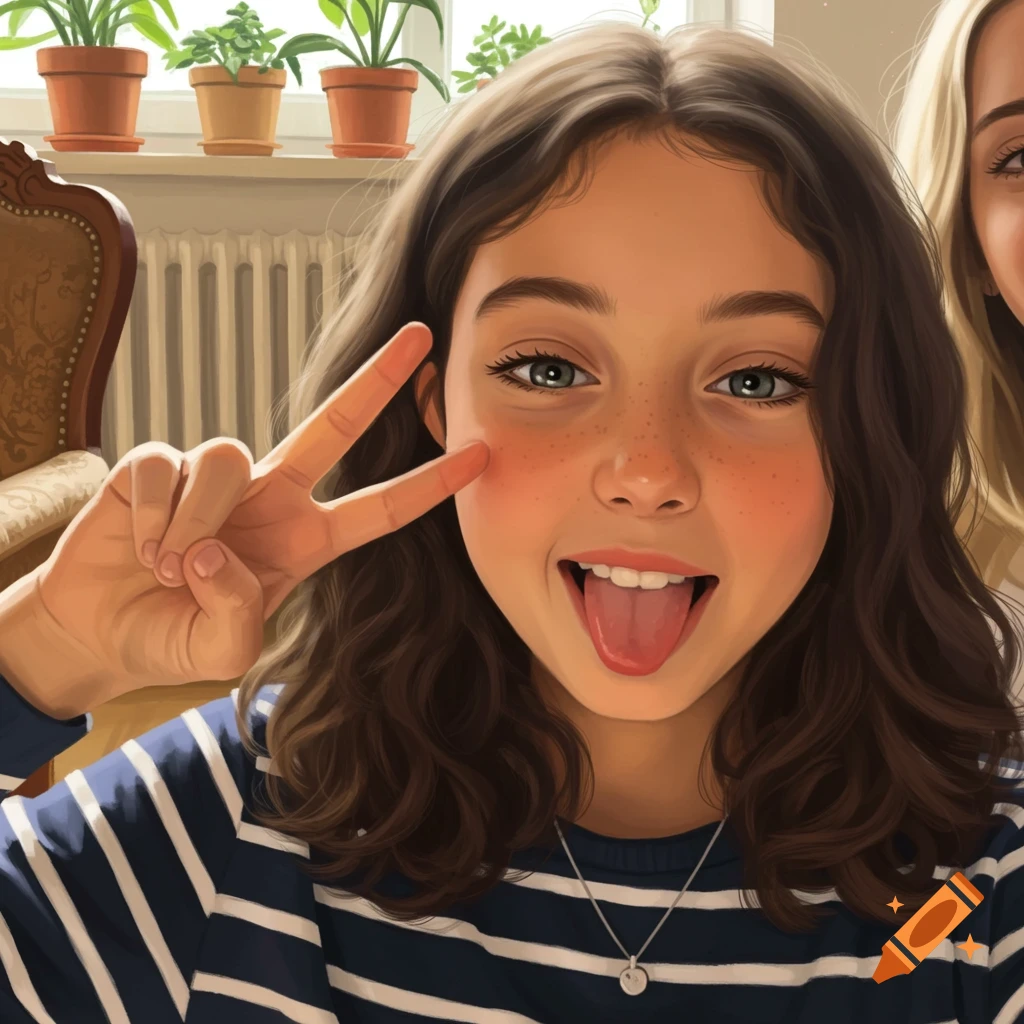 Close-up digital art portrait of a playful young girl in a striped shirt, sticking out her tongue and making a peace sign.