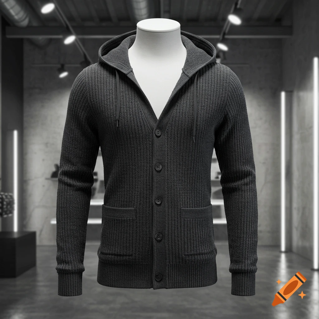 Photorealistic image of a dark gray hooded cardigan on a white mannequin in a modern store.