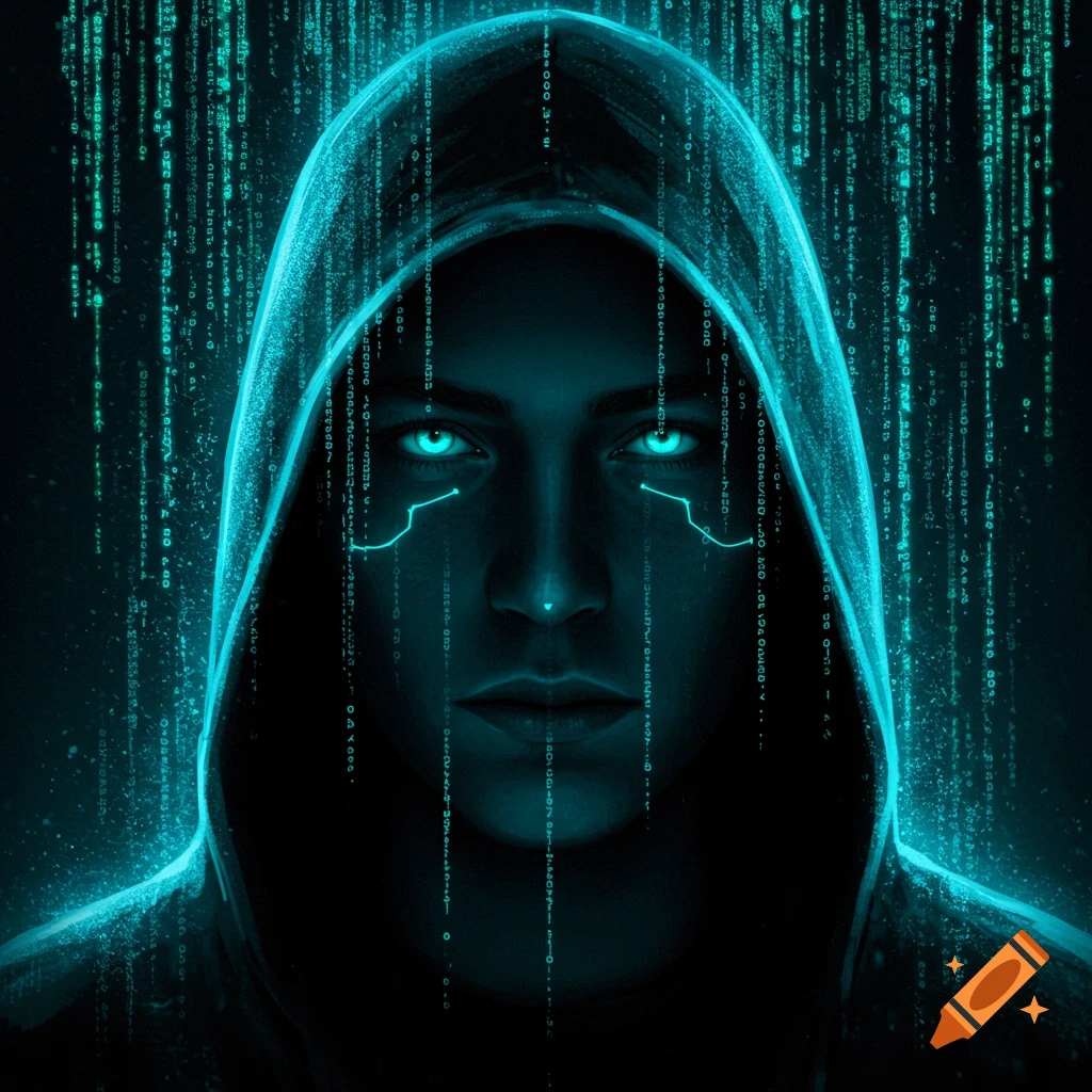 A person in a hooded cloak with glowing blue eyes, surrounded by falling digital neon code in a dark, cyberpunk style.