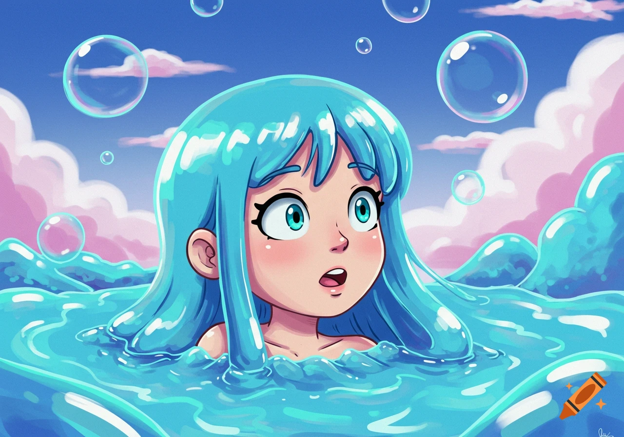 Cartoon girl with blue hair submerged in thick blue slime, under a sky with pink clouds and bubbles.