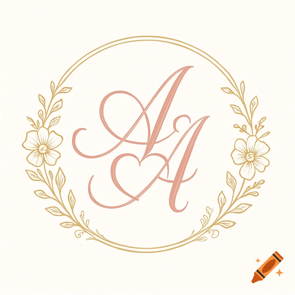 Scripted intertwined 'AA' initials in pink, encircled by a gold floral wreath and oval on a cream background, designed as a wedding logo.