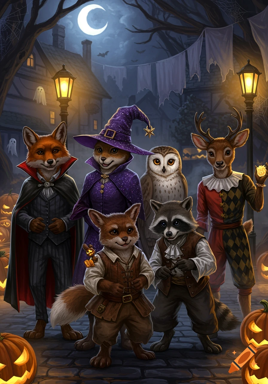 Detailed illustration of anthropomorphic animals in Halloween costumes on a spooky village street at night.