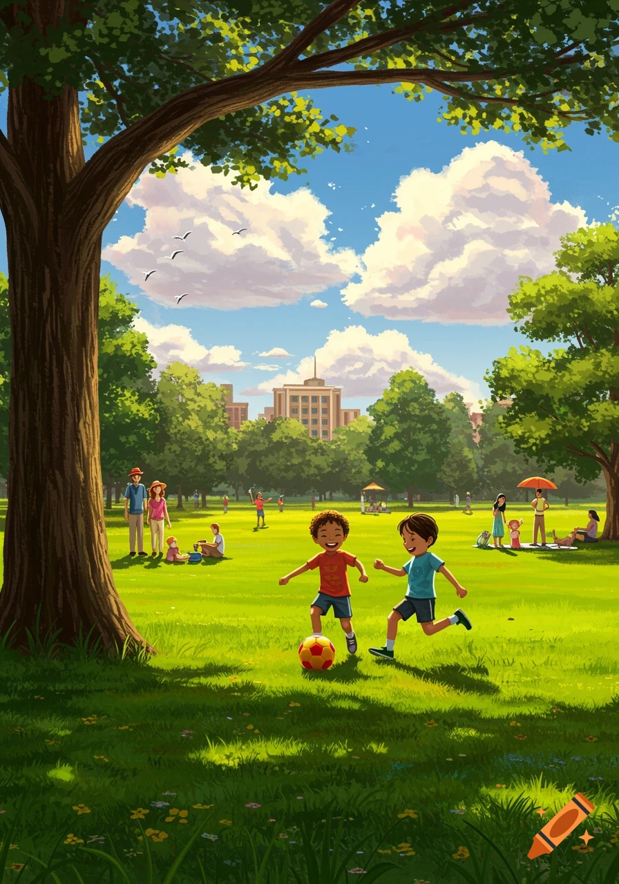 Two smiling kids play soccer in a sunny park with other people, large trees, and buildings in the background, in a vibrant animated illustration style.