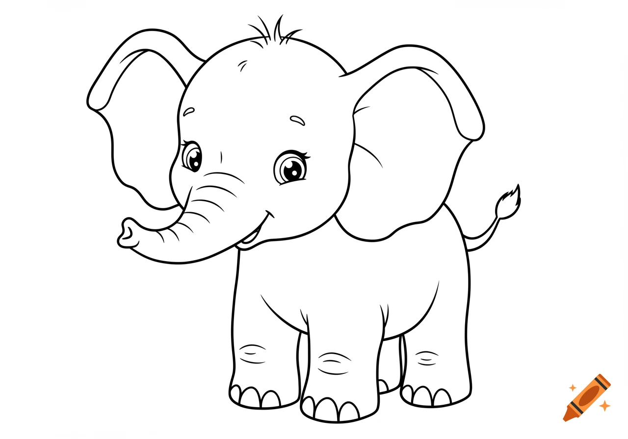 Black and white line drawing of a smiling baby elephant in a simple coloring page style.