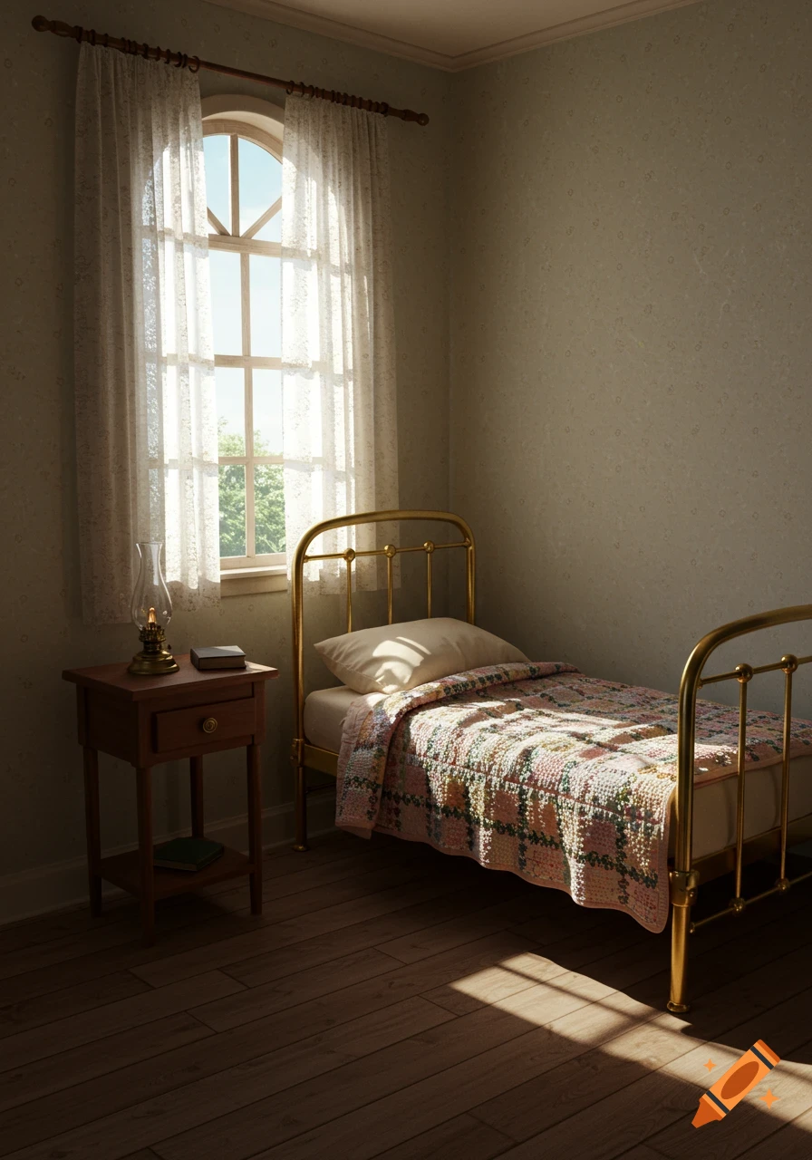 A sunny, old-fashioned bedroom with a brass bed, colorful quilted blanket, nightstand with a lamp, and a large arched window with sheer curtains.