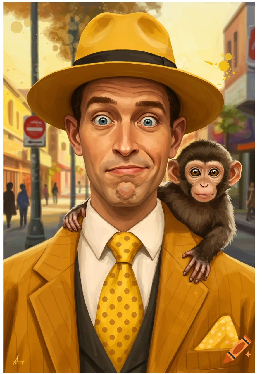 Stylized painting of a man in a yellow hat and suit with a polka dot tie, holding a mischievous monkey on his shoulder on a city street.