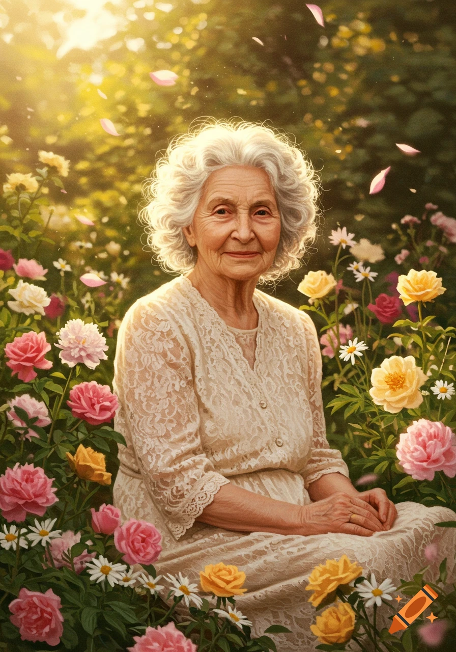 Smiling elderly woman with white curly hair, sitting in a vibrant, sunlit flower garden with falling petals.