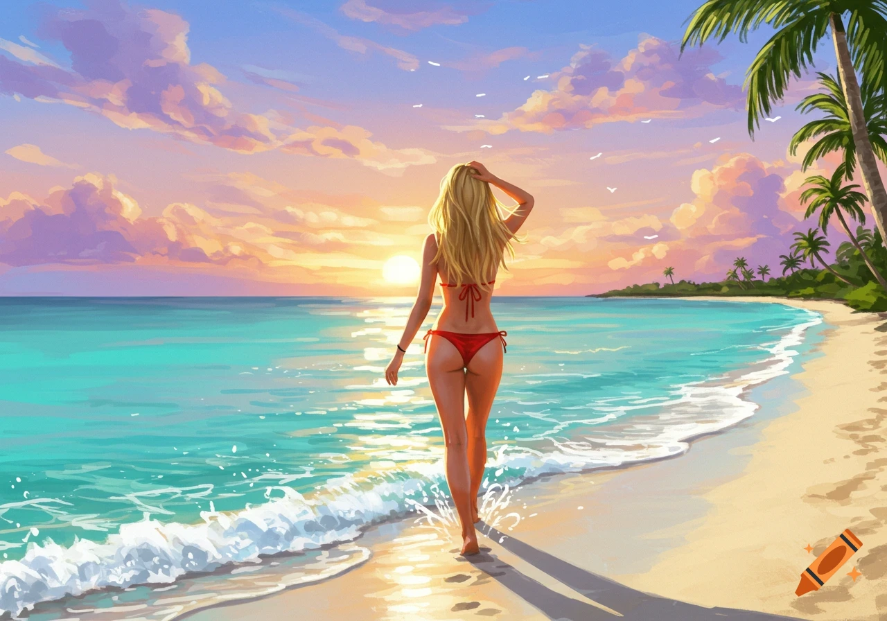Vibrant illustration of a blonde woman in a red bikini walking on a beach at sunset, with ocean waves and palm trees.