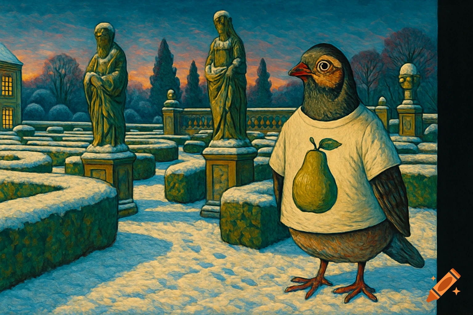 A bird wearing a t-shirt with a pear stands in a snowy Elizabethan garden with statues, in an oil painting style.