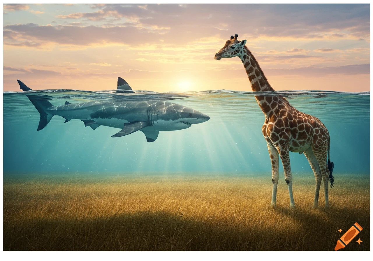 A photorealistic image of a shark swimming underwater next to a giraffe standing in shallow water, under a sunset sky.
