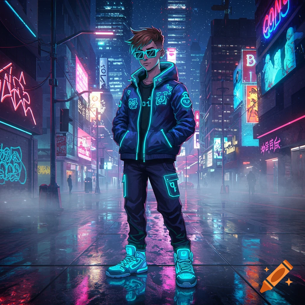 A young person in a neon-outlined jacket and sunglasses stands on a wet street in a cyberpunk city at night, reflecting vibrant lights.