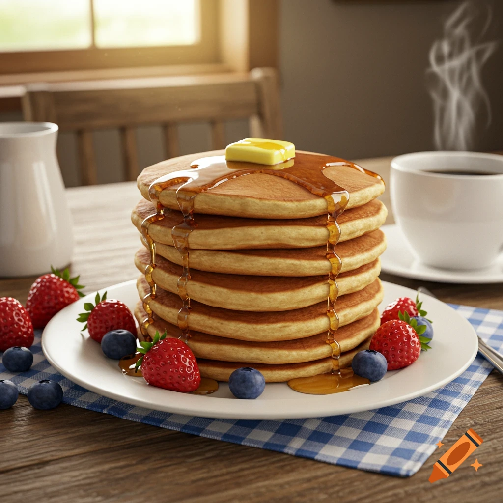 A stack of pancakes with syrup and butter, surrounded by strawberries and blueberries, next to a coffee cup on a wooden table in bright light.