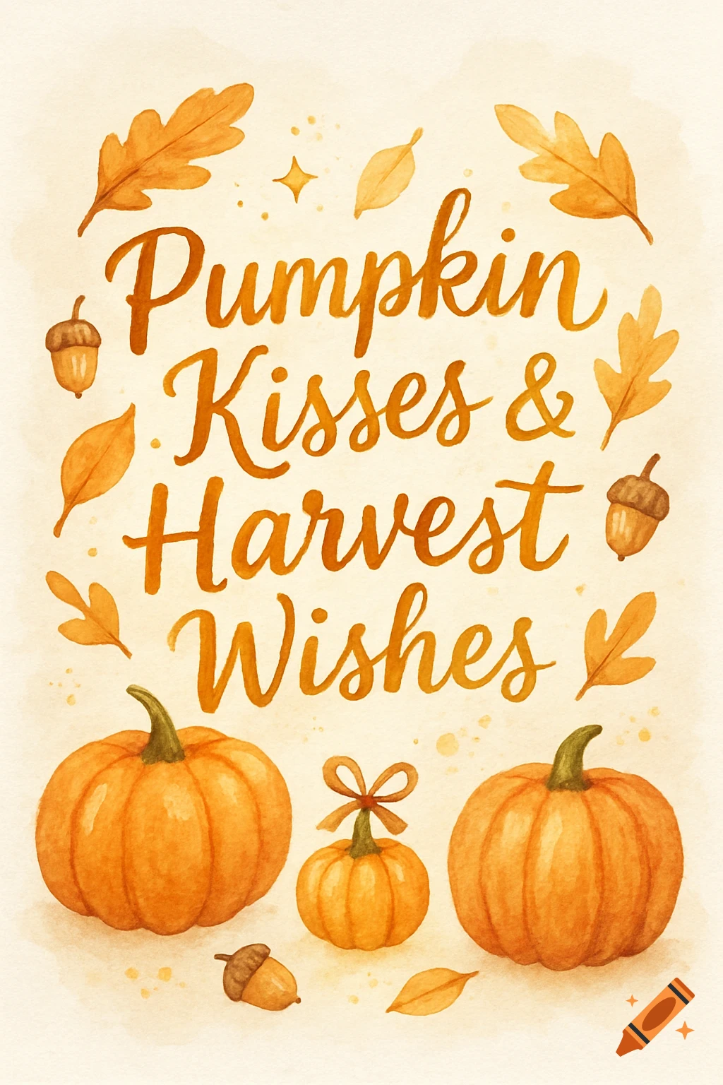 Watercolor autumn greeting card with pumpkins, leaves, acorns, and "Pumpkin Kisses & Harvest Wishes" text.