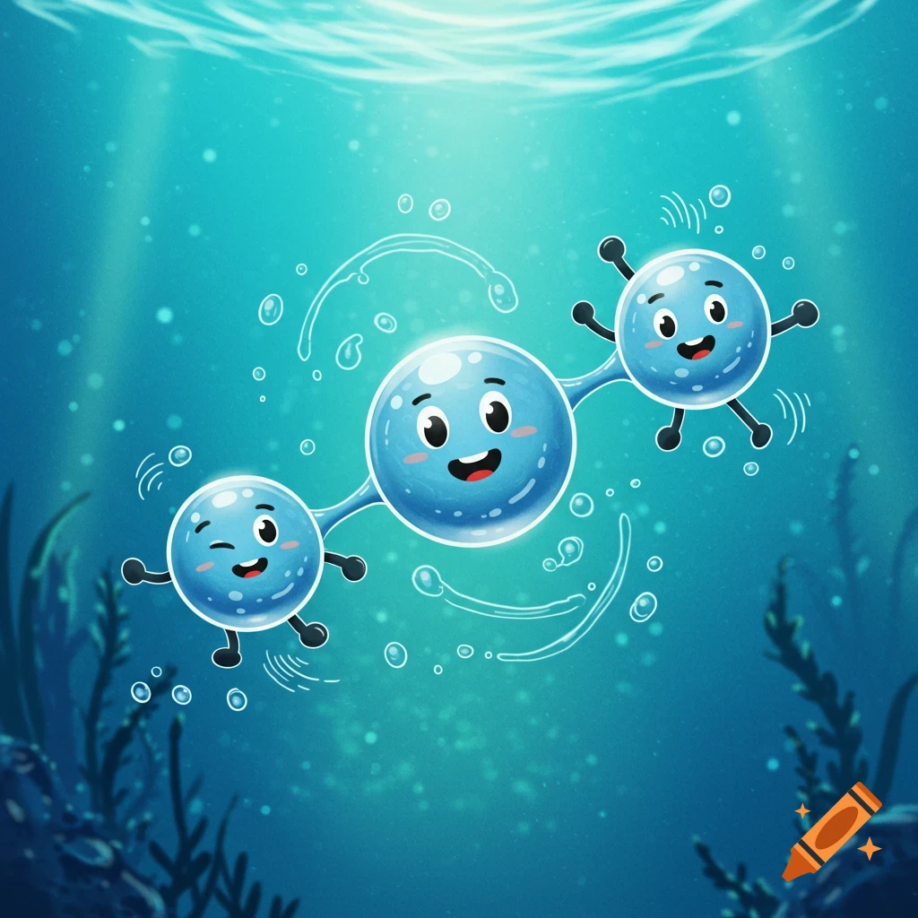 Three happy cartoon blue molecules with faces and limbs float underwater among bubbles and seaweed.