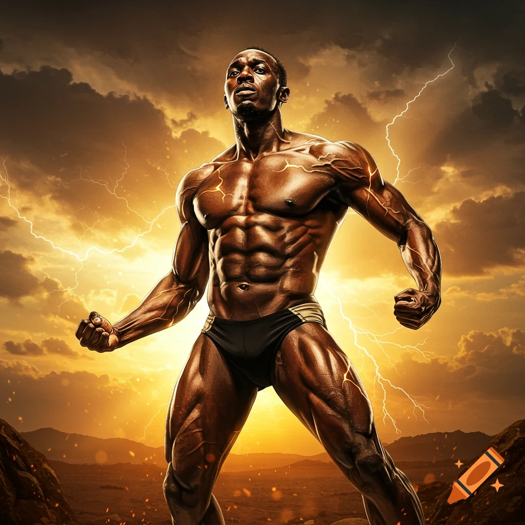 A muscular Black man in speedos stands heroically with clenched fists against a dramatic golden, lightning-filled sky.