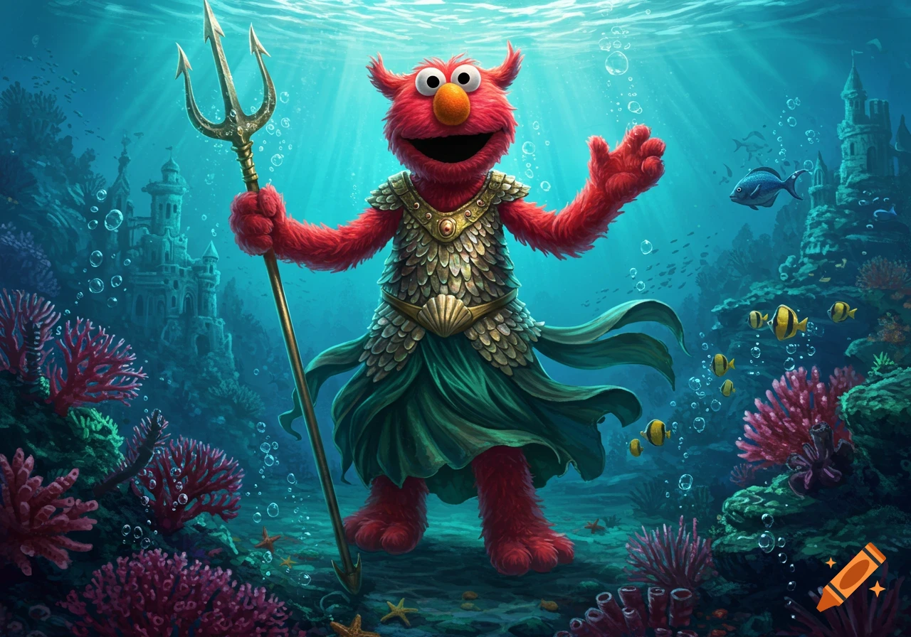 Elmo, dressed as Neptune holding a trident, stands in a vibrant underwater fantasy world with castles, coral, and fish.