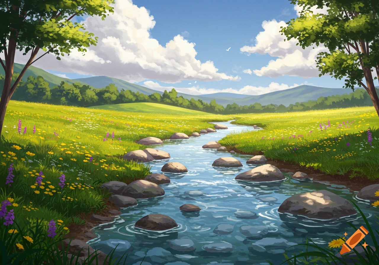 An illustrated landscape painting of a winding stream flowing through a  vibrant green meadow with wildflowers under a blue sky with fluffy clouds.  on Craiyon, image size:1280x896