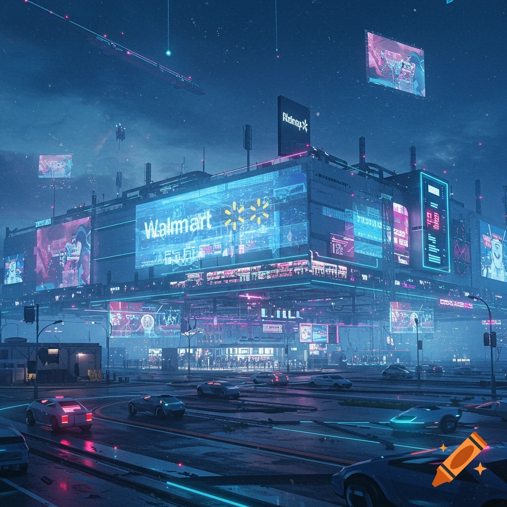 Futuristic cyberpunk cityscape at night, featuring a neon-lit Walmart building, flying vehicles, and sleek cars on the street.
