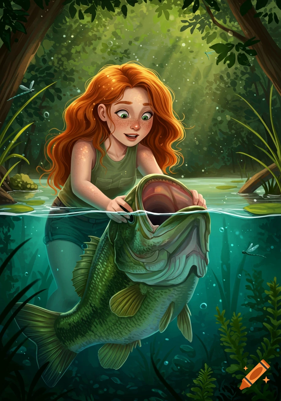 A red-headed girl in a pond holding a large bass with its mouth open, in a lush green forest illustration.