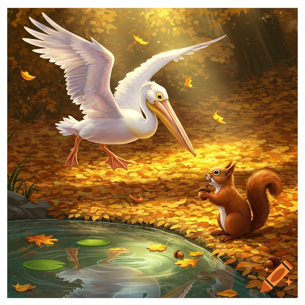 A stylized illustration of a white pelican with outstretched wings looking at a brown squirrel holding an acorn, in an autumn forest with golden leaves and a pond.