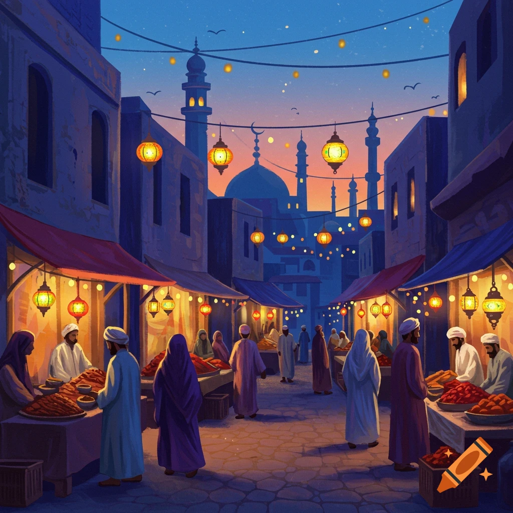 Vibrant digital illustration of a bustling Middle Eastern market street at dusk, illuminated by glowing lanterns, with people and mosques in the background.