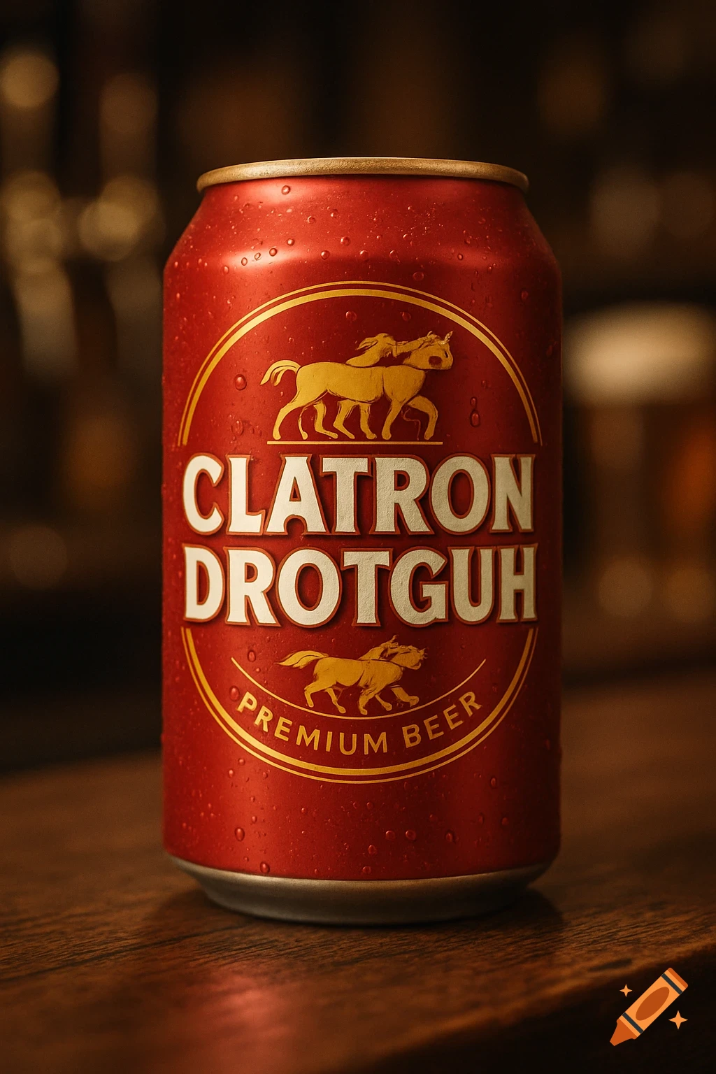 Photorealistic red beer can with gold horse logos and jumbled text on a wet wooden bar.