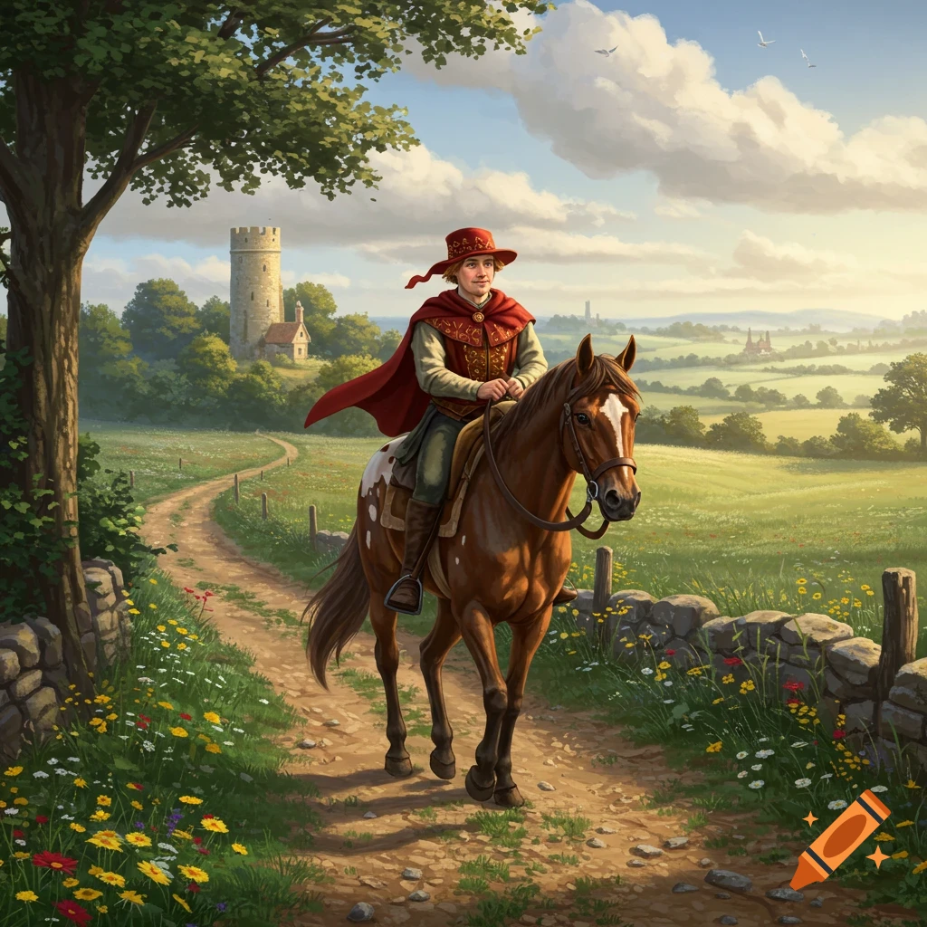A young rider in red hat and cape on a spotted horse travels a dirt path through a vibrant, medieval landscape with a castle.