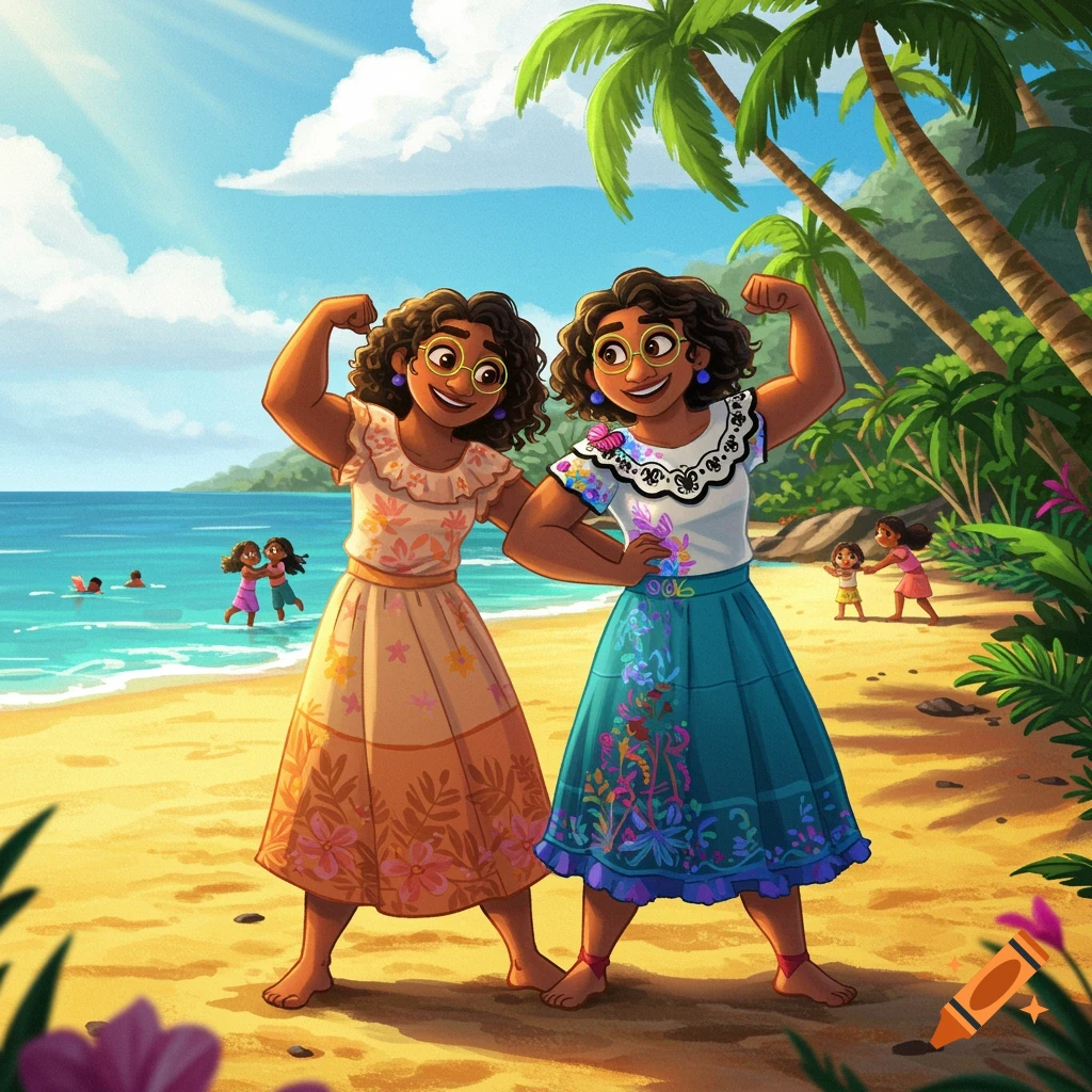 Two animated women resembling Mirabel and Luisa from Encanto flex their muscles on a sunny tropical beach.