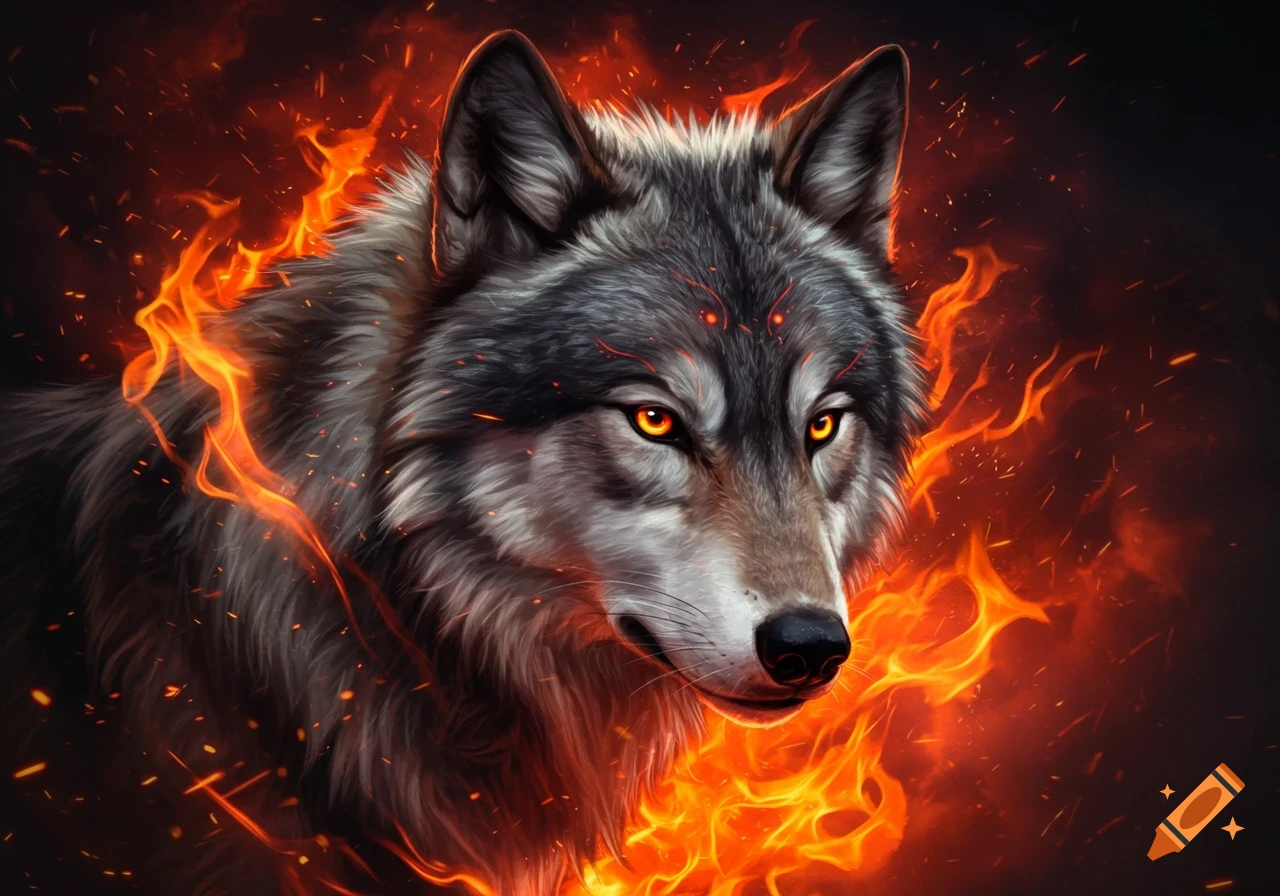 Close-up of a powerful wolf with glowing orange eyes and a mane of fire against a dark background, in a digital art style.