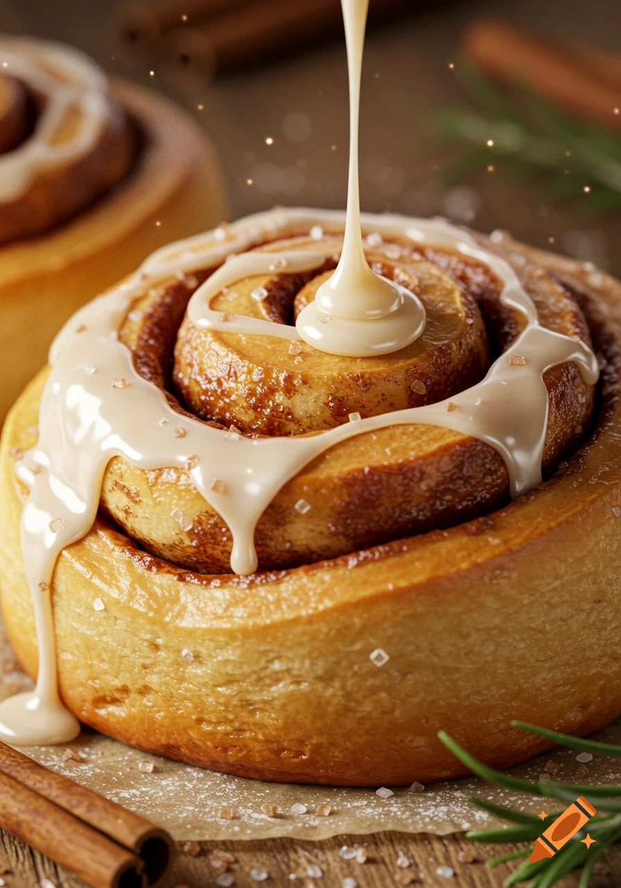 Photorealistic close-up of a cinnamon roll with creamy white frosting being poured over it, sprinkled with sugar crystals.