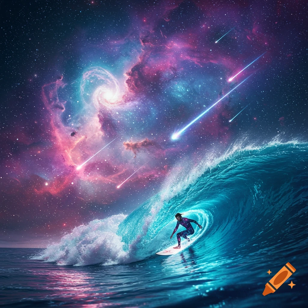 A lone surfer rides a glowing blue wave under a vibrant cosmic sky filled with swirling galaxies, stars, and streaking meteors.