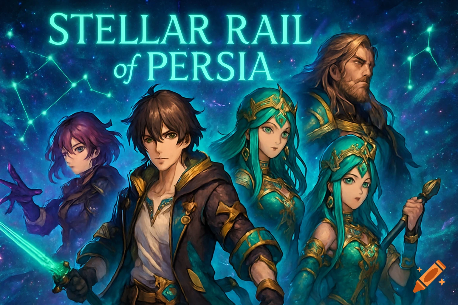 Anime-style characters, including a male with a glowing sword and females in teal, against a starry blue space background with constellations and the title 'STELLAR RAIL of PERSIA'.