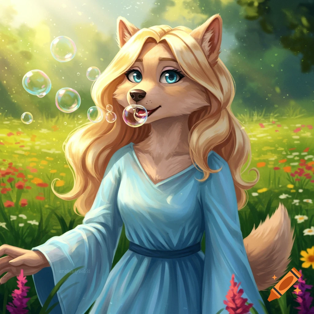 A Disney-style anthropomorphic wolf woman with blonde hair in a blue dress blowing soap bubbles in a vibrant, flowery field.