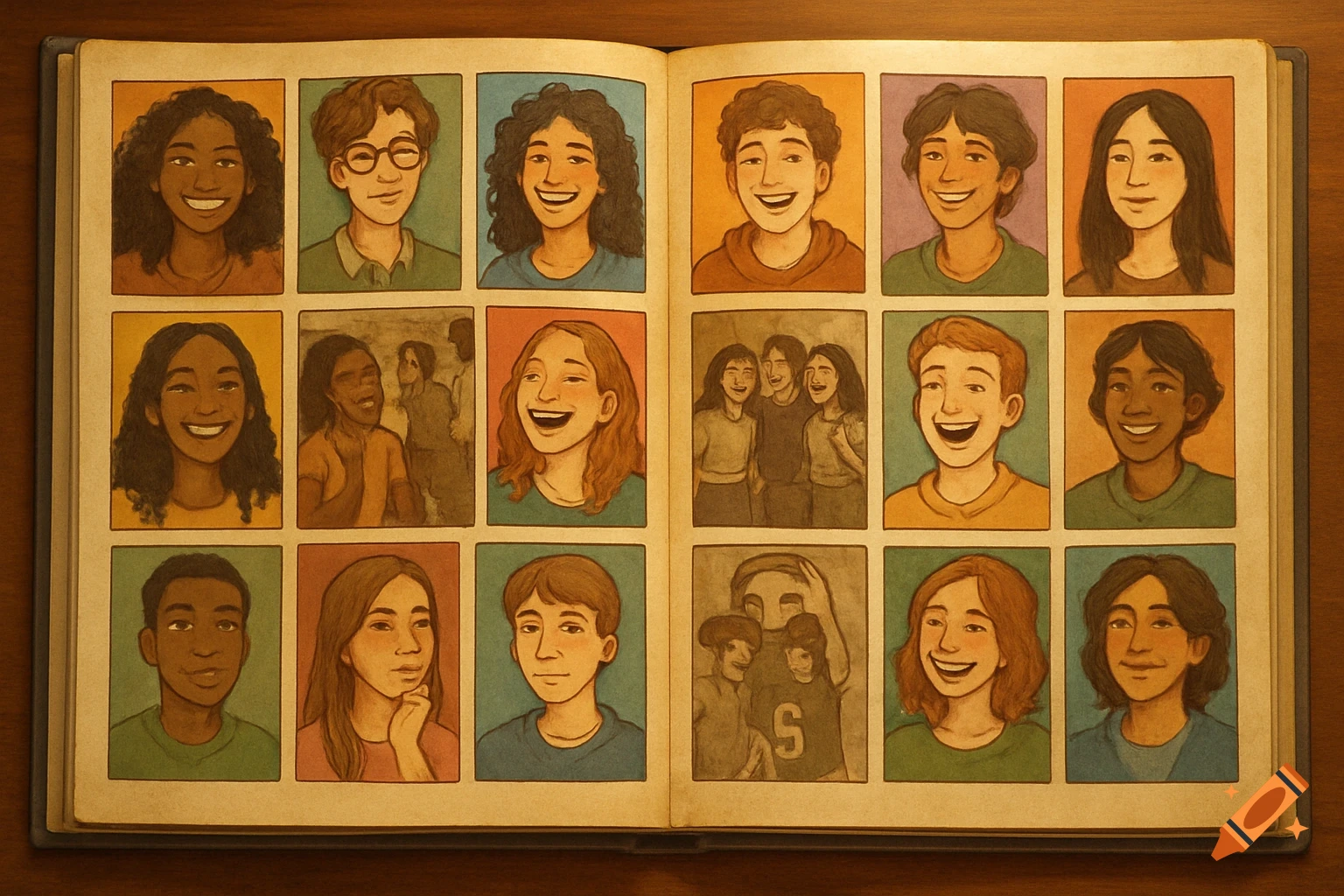 An open yearbook page filled with illustrated portraits of diverse young people, many smiling, in a cartoon style.