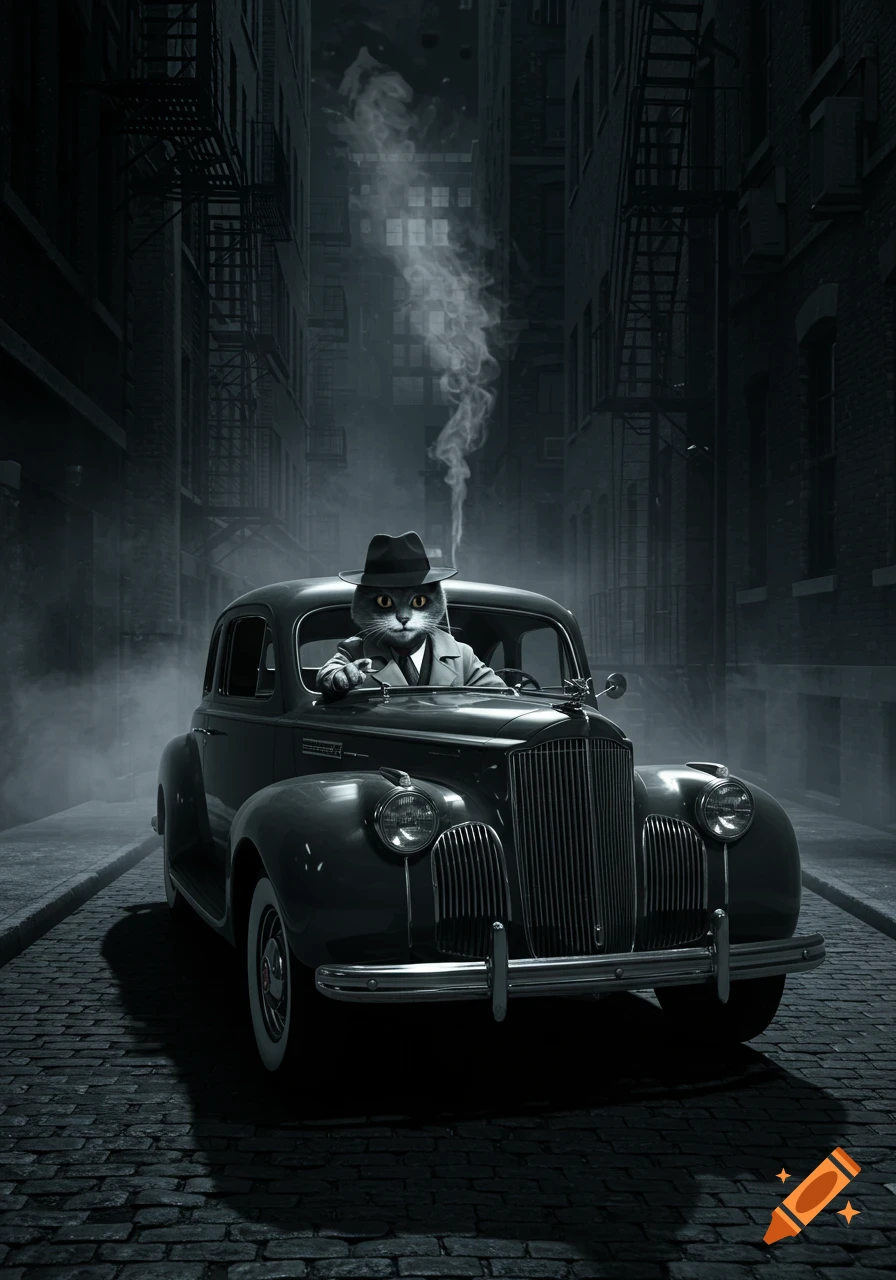 A black and white film noir image of a cat in a fedora and trench coat driving a vintage car down a dark, misty alley.