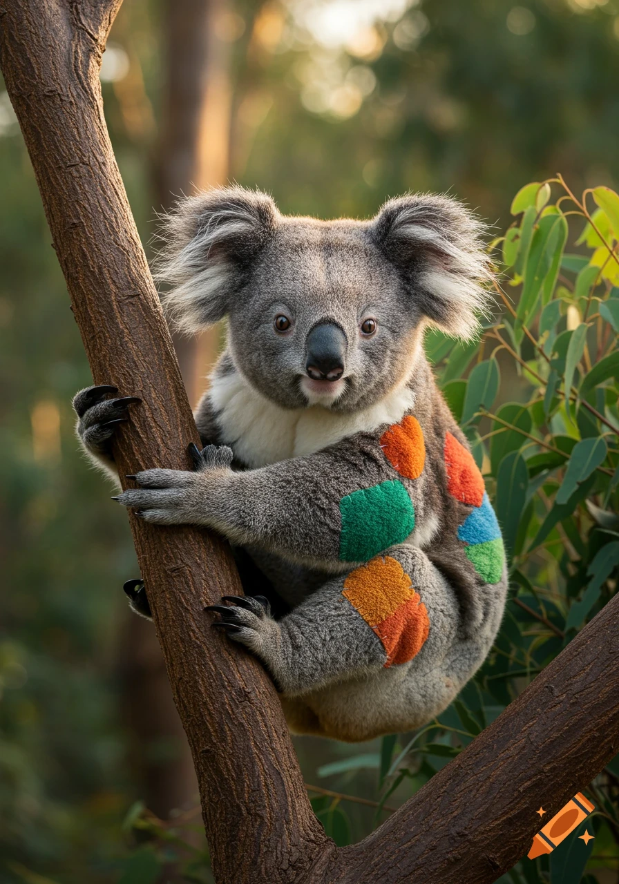 A photorealistic koala bear with colorful green, orange, red, and blue patches on its fur clings to a tree branch in a forest.