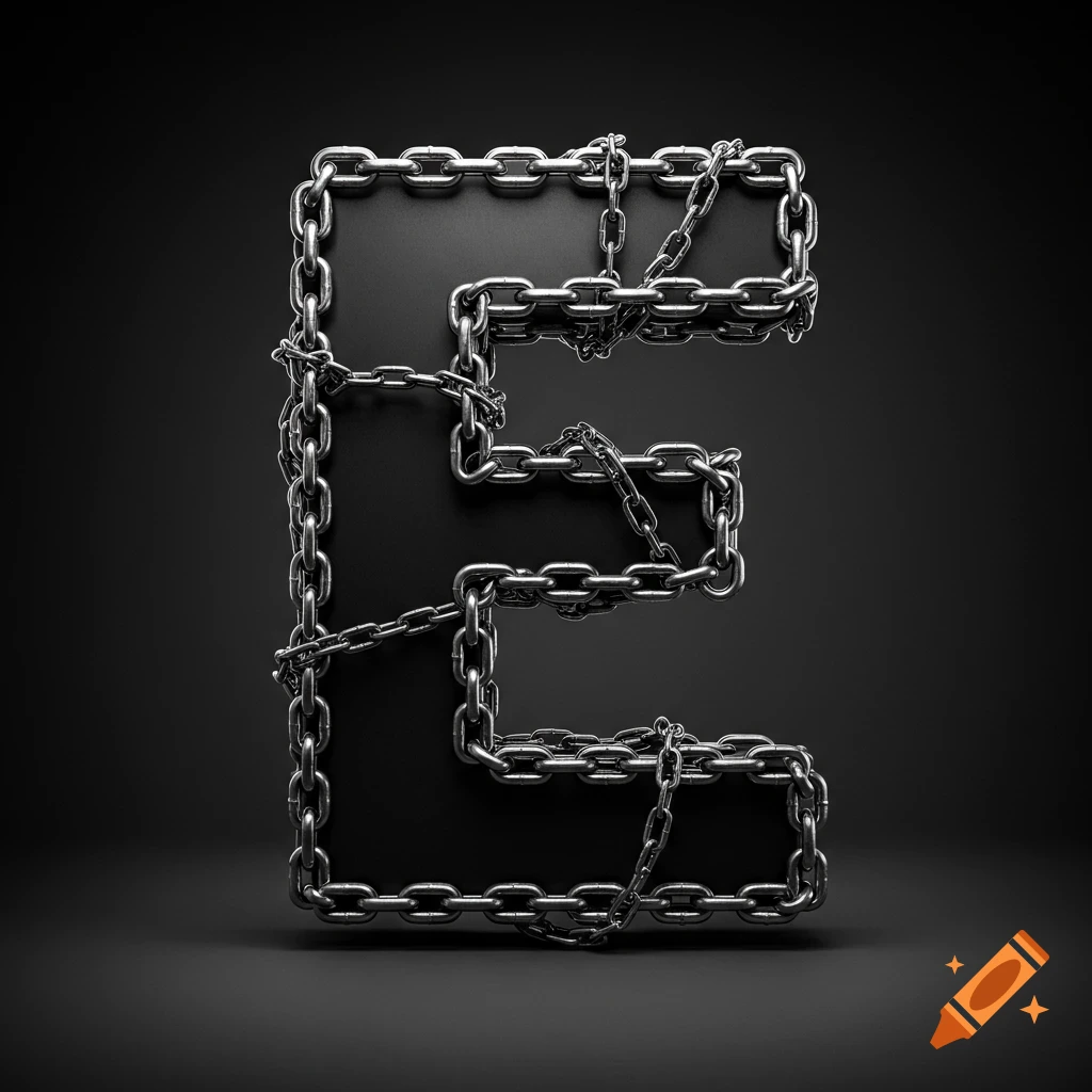 Silver metallic letter E formed by chains with additional chains wrapped around it, on a dark background.