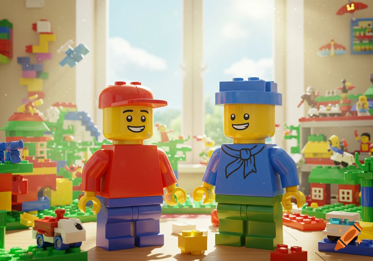 Two smiling Lego minifigures, one in a red cap, the other in a blue hat, stand in a sunlit room filled with colorful Lego builds.