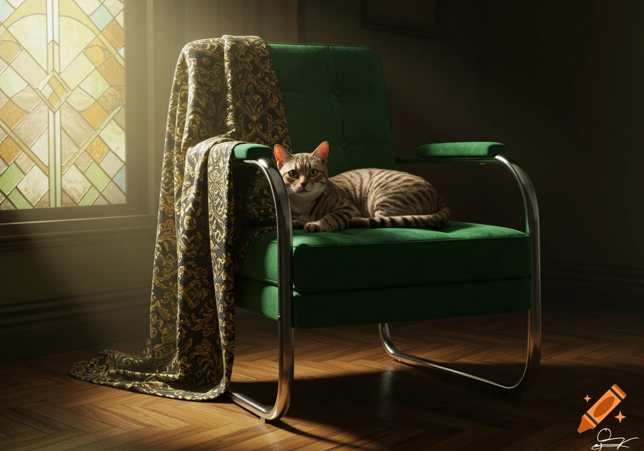A tabby cat rests on a green velvet armchair draped with a gold patterned blanket, illuminated by sunlight through a stained glass window.