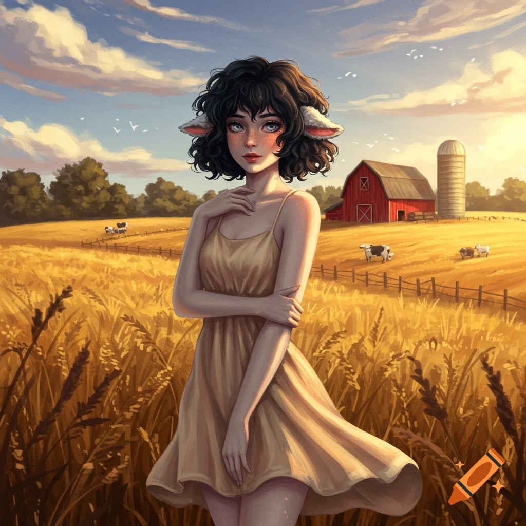A semi-realistic anime female demiguman with black curly hair and sheep ears in a sundress stands in a golden wheat field with a barn.