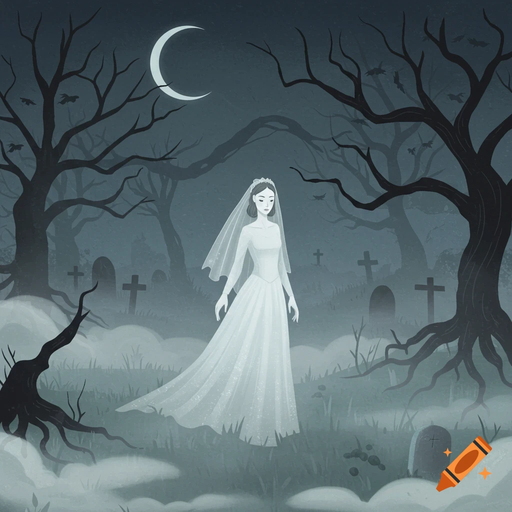 A ghostly bride in a white dress stands in a foggy, dark cemetery under a crescent moon, surrounded by bare trees, in a folk art cartoon style.