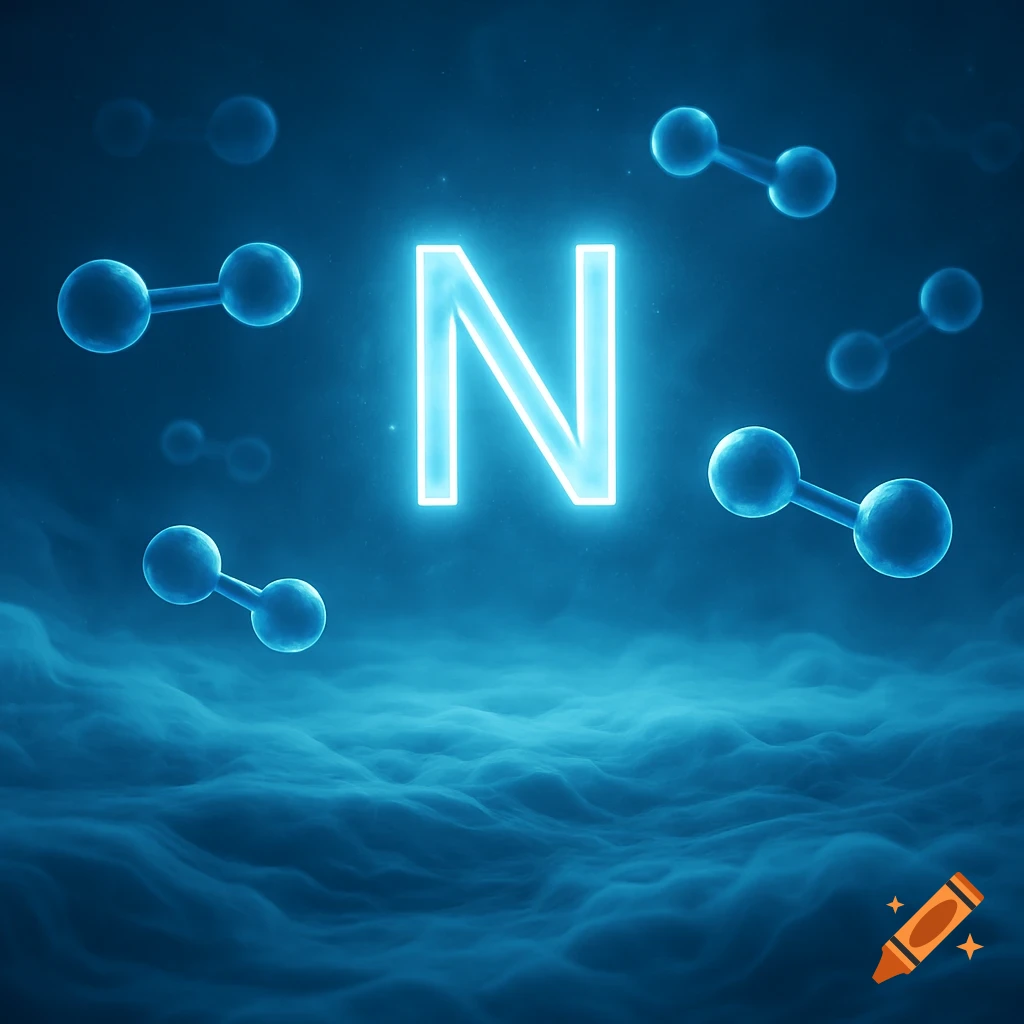 Glowing blue letter N symbol surrounded by diatomic molecules and a misty blue atmosphere.