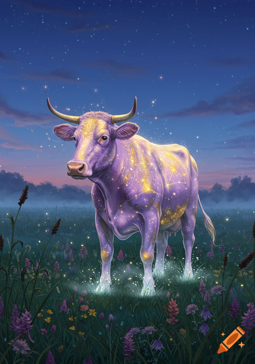 A majestic purple cow covered in golden constellations stands in a field of glowing wildflowers under a starry night sky, fantasy art style.